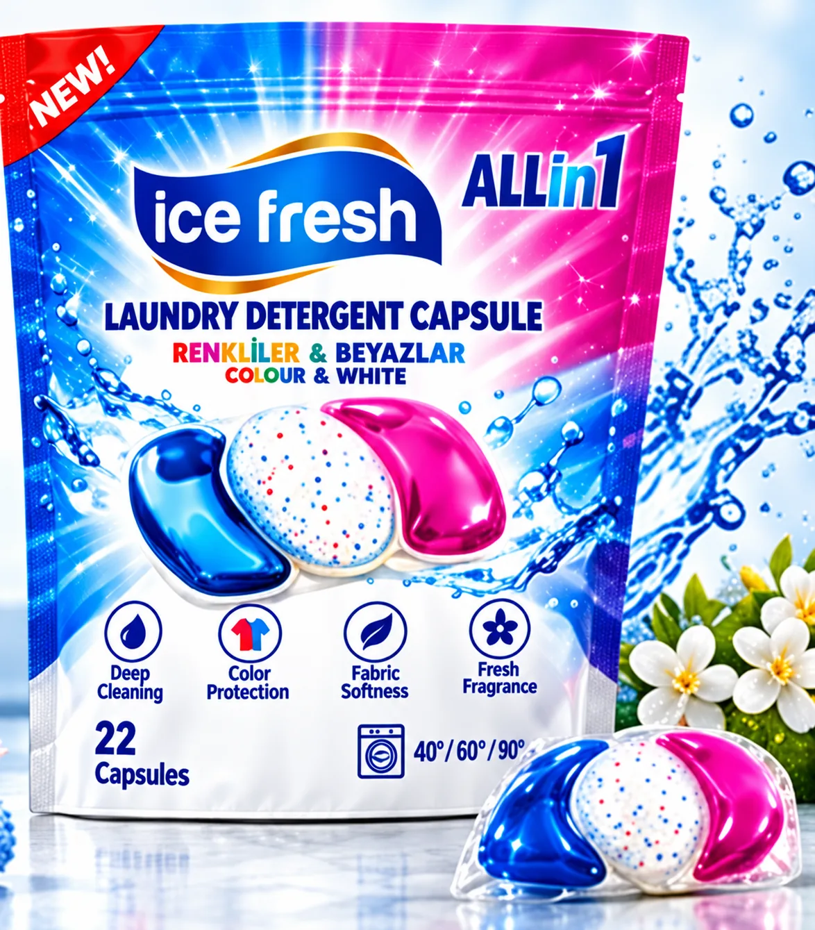Ice Fresh All-in-1 laundry detergent capsules pouch