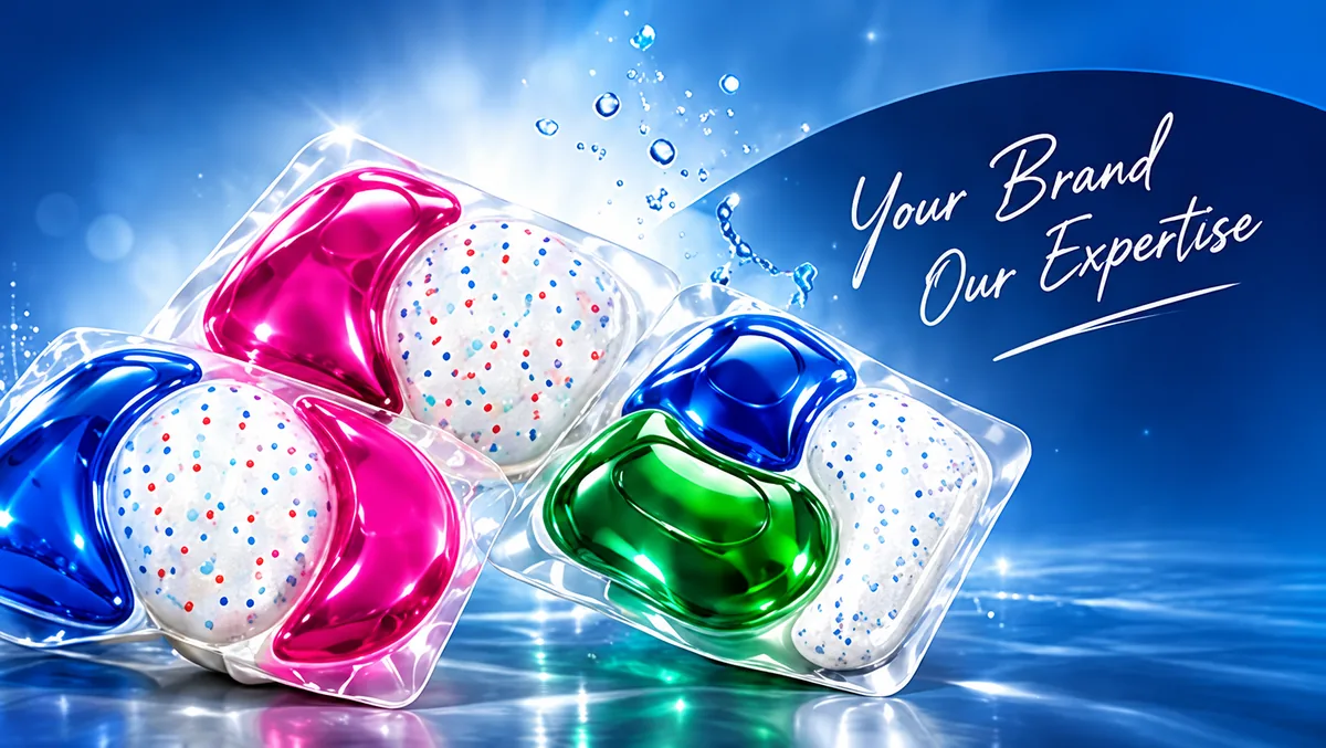 Pink, blue and green detergent capsules for private label brands